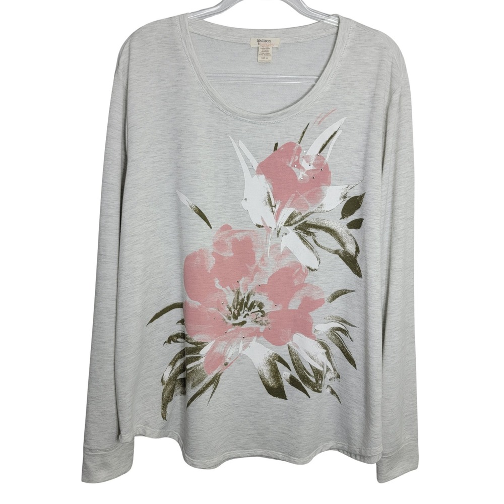 Madison & Berkeley Womens 2X Floral Rhinestone Long Sleeve Top Gray French Terry